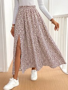 SHEIN Frenchy 女款碎花側開衩荷葉邊腰部中長裙 - 彩色 - 查看 5