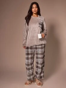 Lazeform Casual Plush Plaid Print Long Sleeve Pants Pajama Set Plus Size - Multicolor - View 1