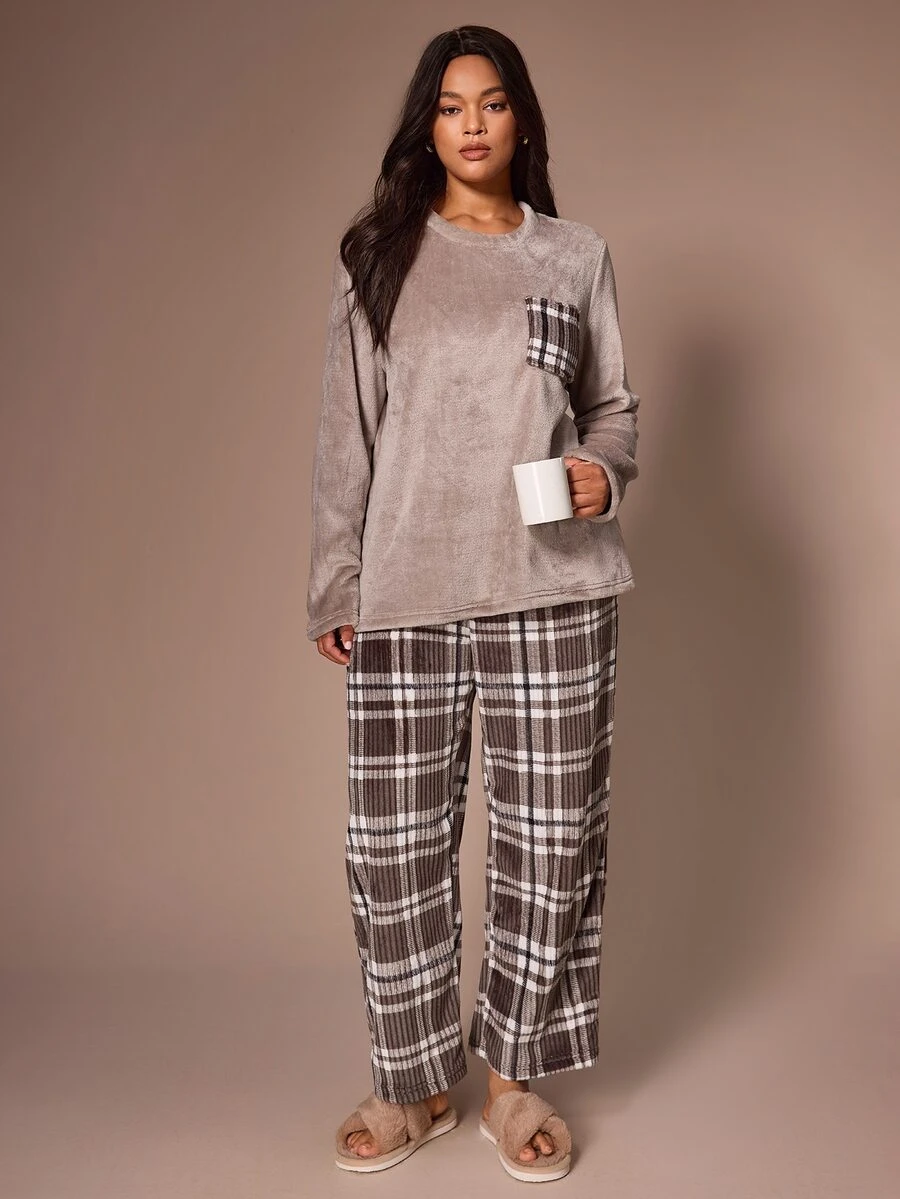 Lazeform Casual Plush Plaid Print Long Sleeve Pants Pajama Set Plus Size - Multicolor - View 1