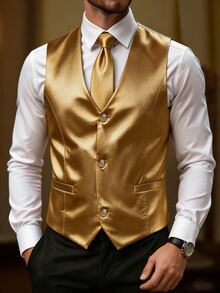 Manfinity AFTRDRK Men's Luxurious Party Gold Single-Breasted Suit Vest, The Perfect Gift For Holidays - Gold - View 7