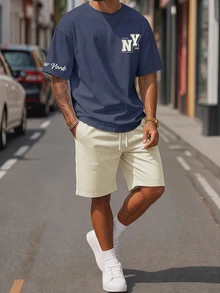 Sorvial Men's Fitted Knit Navy Blue Top And Apricot Woven Shorts Set - Navy Blue - View 3