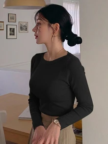 DAZY 女款純色修身優雅針織上衣 秋季 - 黑色 - 查看 5