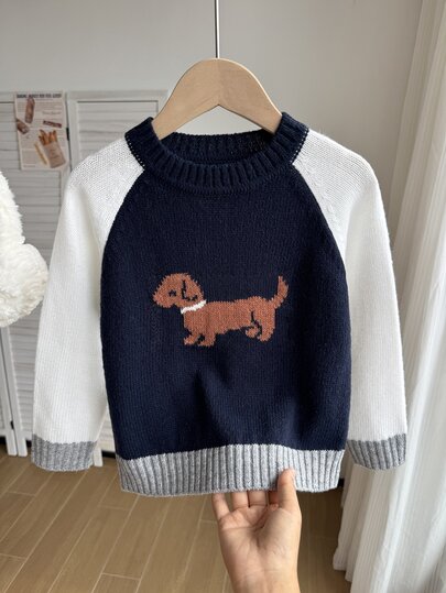 SHEIN Baby Boy Young Boy Autumn/Winter Shirt Collar Pullover Sweater Knitwear New Arrival. This Baby Sweater With Shirt Collar Features A Fair Isle Pattern Design, Showcasing A Fresh And Cute Childlike Style, With Bright And Colorful Lines Outlining Cartoon Patterns And Other Elements