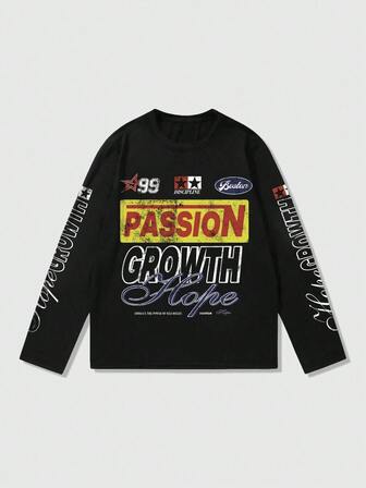 Street Life Spring Casual Pattern Vintage Street Style Distressed Saint Graphic Long Sleeve Crew Neck T-Shirt