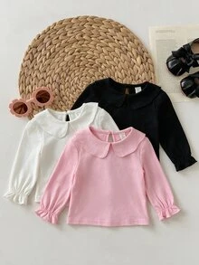 SHEIN 女嬰休閒百搭針織彼得潘領純色長袖上衣 3件組 - 粉色 - 查看 5
