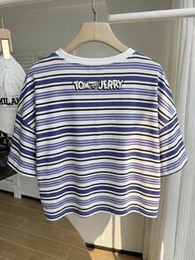 TOM & JERRY X SHEIN SHEIN EZwear 大尺碼休閒條紋卡通印花圓領短袖短版T恤，適合夏季外出 - 彩色 - 查看 2