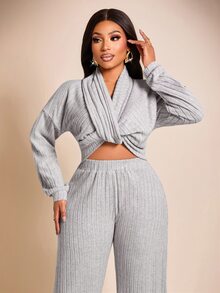 Brilight Grey Ribbed Knit 2 Pieces Loungewear Set V Neck Long Top High Waist Jogger Pants For Daily Lounge Str - Grey - View 9