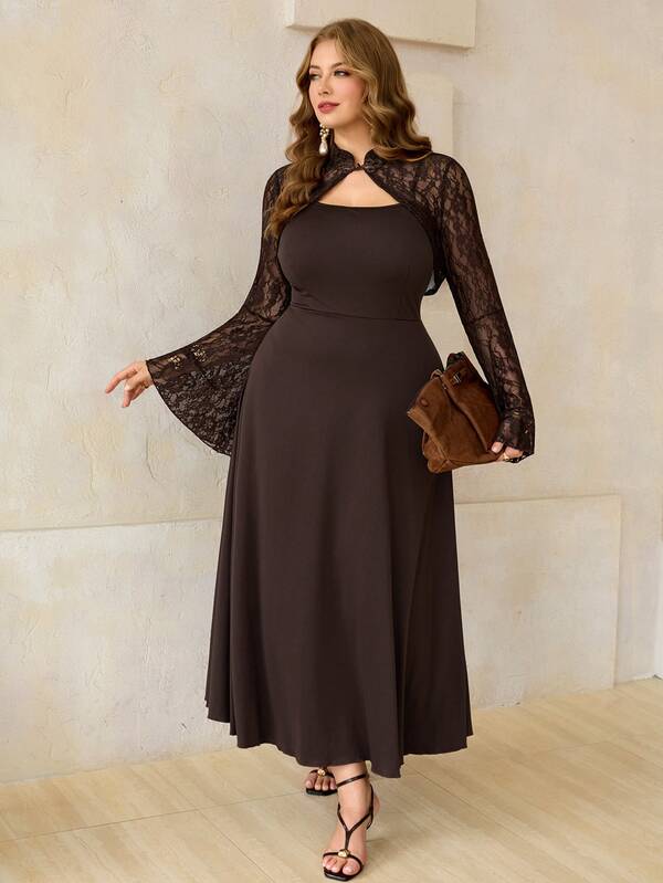 Roveilla Women's Plus Size Elegant 2-Piece Set, Long Sleeve Lace Jacket Top Paired With Spaghetti Strap Knit Solid Color Dress, Minimalist Low-Key Exquisite Lace Fabric, Elegant Vintage New Style 2-Piece Set