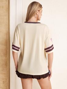 LOONEY TUNES X SHEIN Women's Cartoon Striped Print Short Sleeve T-Shirt - Apricot - View 2