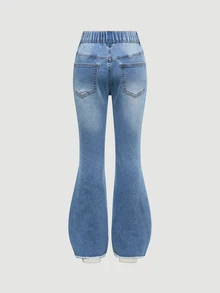 SHEIN ChillGRL TWEEN GIRLS 青少年女孩牛仔褲，復古水洗色，街頭時尚，破洞撕裂下擺，喇叭褲腿款，百搭時尚新品 - 淺色水洗藍 - 查看 2
