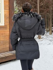 Muchica Winter Fashion Versatile Black Hooded Jacket With Belt Club Everyday Streetwear Casual - Black - View 2