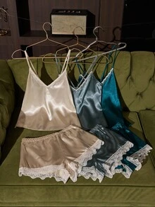 SilkySpell 6pcs Solid Color Satin Lace Patchwork Camisole Sleepwear Set - Multicolor - View 1