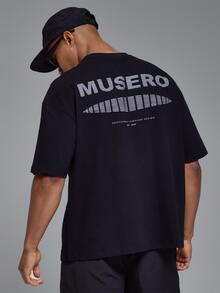 Sport Oversized Crew Neck Tshirt Crop Length Large Back "Musero" Graphic Spring Summer Sports Activewear - Black - View 2