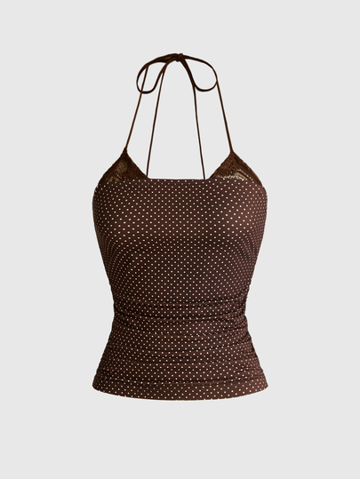 ROMWE Kawaii Women's Basic 2 In 1 Lace Trim Halter Neck Ruched Tank Top
