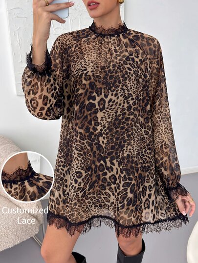 Lavishia Women's Elegant Mesh Long Sleeve Top, Women's Chiffon Printed Dress, Suitable For Photography, Club Evening Party And Other Occasions, Lace