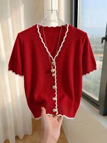 SHEIN 春夏對比色波浪邊針織開襟衫 女款 V 領短袖鈕扣甜美日常款 - 紅色 - 查看 5