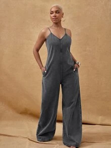 Vixey Adjustable Cami Strap Wide Leg Denim Jumpsuit With Pockets - Black - View 5
