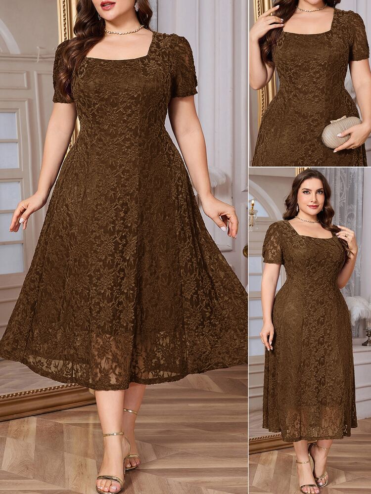 SHEIN Clasi Plus Size Women's Square Neck Fashion Party Dress - Coffee Brown - View 11