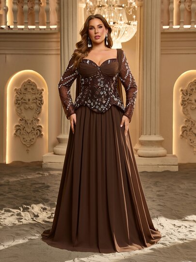Glamrae Đầm dạ hội dáng xòe size lớn phong cách sang trọng lãng mạn quý phái, màu xanh cỏ đa sắc óng ánh, phối ren sequin và voan chiffon, gấu váy xếp ly cỡ đại, phù hợp đi du lịch, đám cưới, tiệc độc thân, dạ hội, đầm dự tiệc tối trang trọng (phong cách thủ công cầu kỳ)