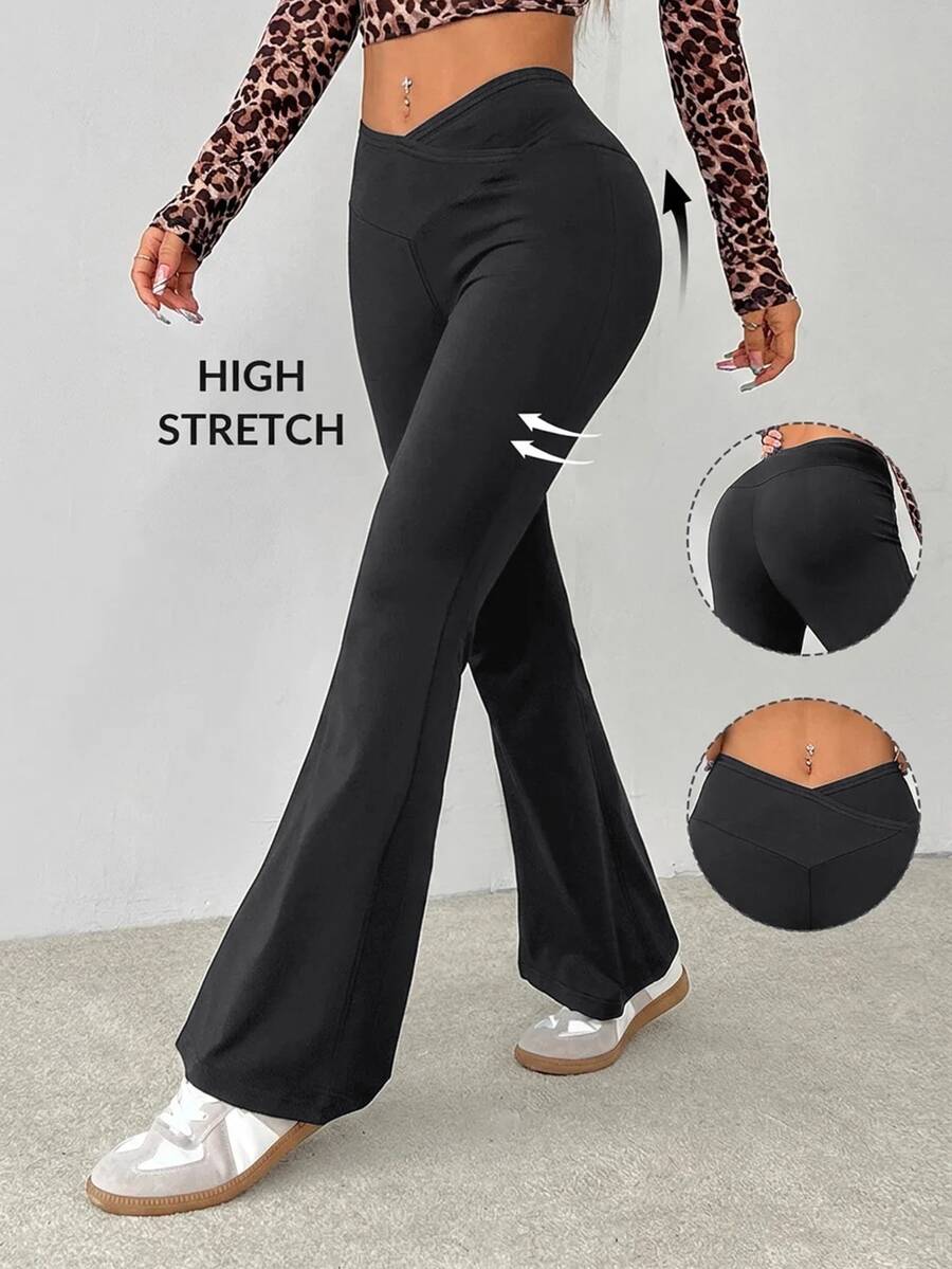 SHEIN PETITE 簡約純色包腰高腰喇叭褲 - 深灰色 - 查看 1