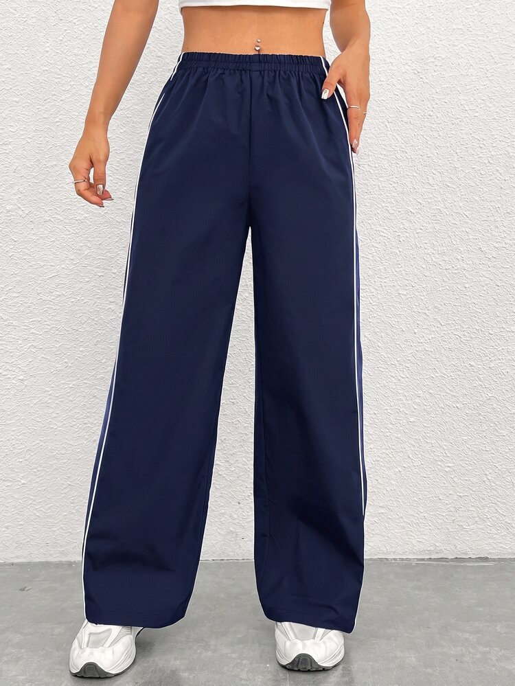 SHEIN PETITE Women's Elastic Waist Casual Loose Straight Leg Pants With Side Contrast Color - Navy Blue - View 3