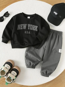 SHEIN 2pcs/Set Baby Boy Minimalist Casual Autumn New English Letter Graphic Long Sleeve Sweatshirt & Elastic Waist Long Pants Outfit, Suitable For Street Style, Daily Wear, Vacation, Easy Comfort, Layers For Kids, Stylish Kids, Casual Wear, Kids Sports College Number Graphic T-Shirts, Back To School, Homecoming - Grey - View 2