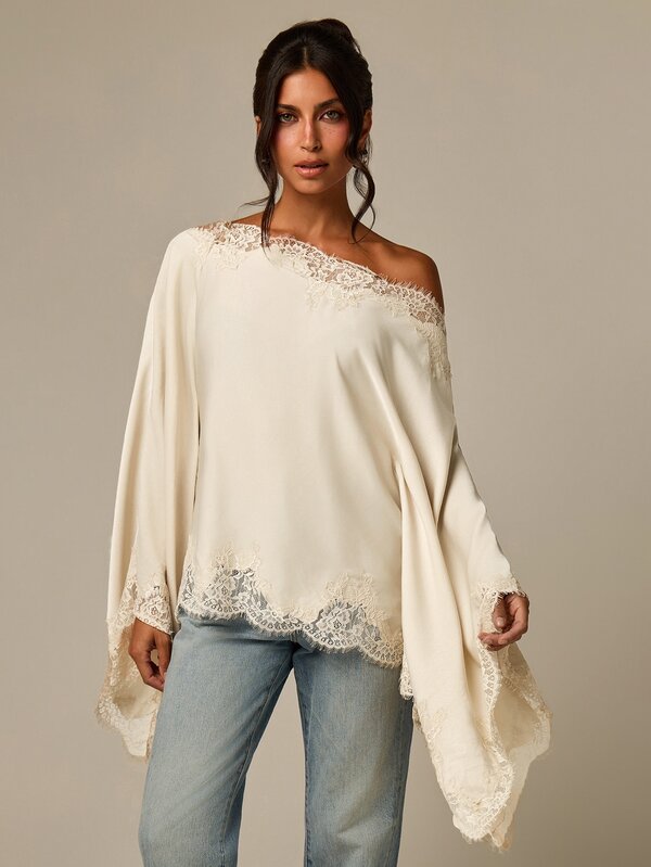COSMINA Women's Casual Basic Satin Lace Trim Top