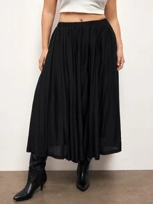Maija Plus Size Fashion Versatile Solid Color Pleated Skirt - Black - View 5
