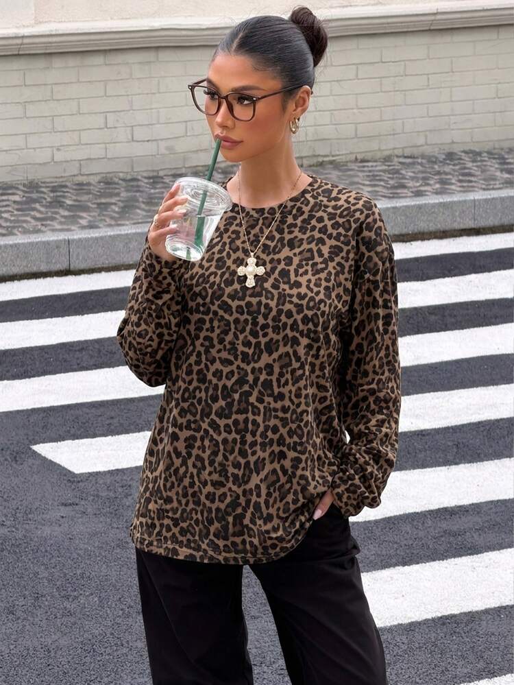 Muchica Women's Casual Leopard Print Sweatshirt, Autumn - White - View 6