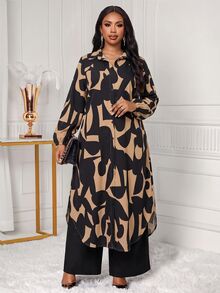 SHEIN Lady 大尺碼秋季時尚全印花襯衫與長褲兩件套 - 彩色 - 查看 5