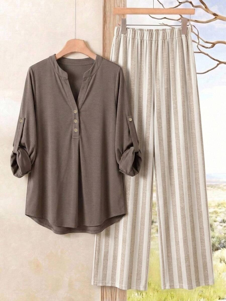 SHEIN LUNE 女款兩件套,女式正式襯衫,條紋T恤與長褲,女式秋季服飾,秋季穿搭,女式通勤穿搭,基礎上衣,外出穿搭,機場穿搭 - 卡其色 - 查看 1