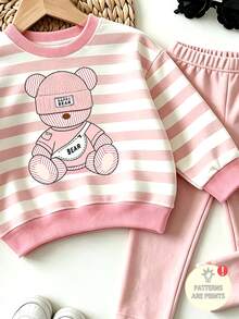 嬰兒與幼兒女童運動衫套裝，可愛熊圖案圓領運動衫，粉色與白色柔軟條紋長袖上衣搭配鬆緊腰長褲，寬鬆舒適版型，簡約俏皮卡通圖案，適合居家與外出，甜美小女孩兩件套服裝，實用百搭秋冬套裝 - 彩色 - 查看 5