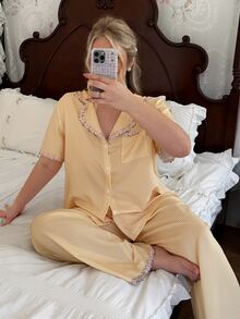 CottageSlumber Yellow Striped Pajama Set For Women, Sweet New Style Short Sleeve Long Pants Loungewear, Plus Size - Yellow - View 5