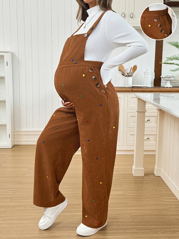 SHEIN Overall Kasual Sehari-hari dengan Motif Bordir Hati untuk Ibu Hamil