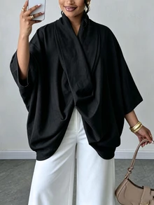 Lacomfia Cotton Linen Woven Loose Asymmetrical Design Casual Minimalist Elegant Plus Size Brown Shirt - Black - View 3