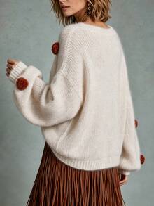 LUMIGAL Women's Casual 3D Pom Pom Decor Sweater, Autumn/Winter - Apricot - View 2