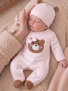 SHEIN Playful Pals Newborn Comfortable Soft Plush Pink Polka Dot Teddy Bear Applique Embroidery 3D Bow Decor Round Neck Fleece Footed Jumpsuit With Hat Autumn Winter - Baby Pink - View 9