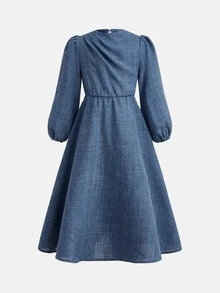 Young Girl Autumn/Winter Casual Fashion Commute High Neck Ruffle Collar Blue Waist-Cinching Long Sleeve A-Line Dress - Blue - View 5