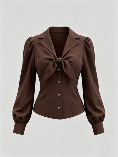 SHEIN Essnce Frühling/Herbst Neue tägliche Bluse mit Puffärmeln, Schleife und langen Ärmeln, Vorderseite mit Knopfverschluss, Pendler-Casual, Braun, Tailliert, Schlankmachendes Damen-Top