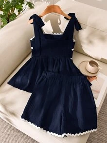 Story & Sage 女款休閒熱帶可愛居家度假兩件套，春夏綁帶蝴蝶結細肩帶上衣配對比蕾絲飾邊，海軍藍色海灘度假風 - 藏蓝色 - 查看 2