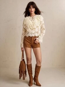 CielaLinda Blus Renda Berkerut Warna Aprikot untuk Wanita, Kemeja Boho Feminin Lengan Panjang - Aprikot - View 4