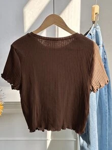 Comfortcana Plus Size Women's Solid Color Crew Neck Short Sleeve Ribbed Casual T-Shirt - Brown - View 2