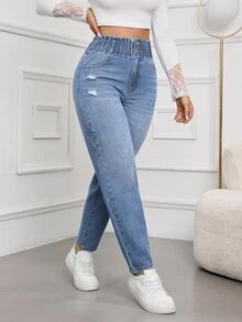 SHEIN Tall 女款破洞設計休閒日常牛仔褲 - 淺色水洗藍 - 查看 5