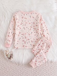SHEIN 女嬰可愛休閒針織碎花長袖修身家居服套裝 2件組 - 粉色 - 查看 2