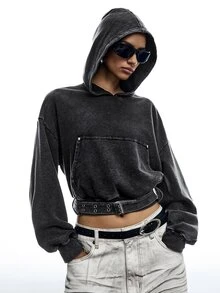 LYSMO Sweatshirt Crop Berkerudung Kasual Wanita dengan Sabuk dan Bahan Washed - Grey - View 6