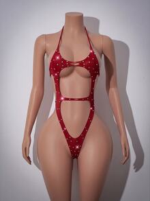 AltCore Burgundy Halloween High Elasticity Rhinestone Decor Shiny Y2K Charming Personalized Women's Sexy Jumpsuit - Red - View 1