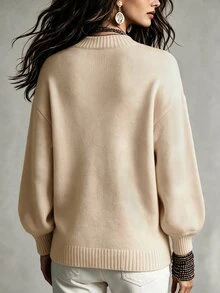 SHEIN 女款極簡優雅杏色圓領針織燈籠袖套頭衫，適合日常購物、休閒、度假、旅行、約會 - 杏色 - 查看 2