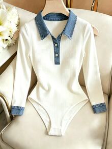 GlowEve Women's Colorblock Casual Versatile Daily Long Sleeve Bodysuit - White - View 3