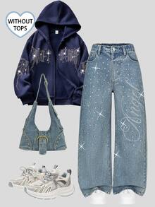SHEIN Girls' Y2K Washed Distressed Rhinestone Letter Wide Leg Jeans, Tween GirlsElastic Waist Loose Straight Leg Long Pants, All-Over Shiny Rhinestone Decor Vintage Casual Versatile Daily Streetwear Blue Denim - Blue - View 7