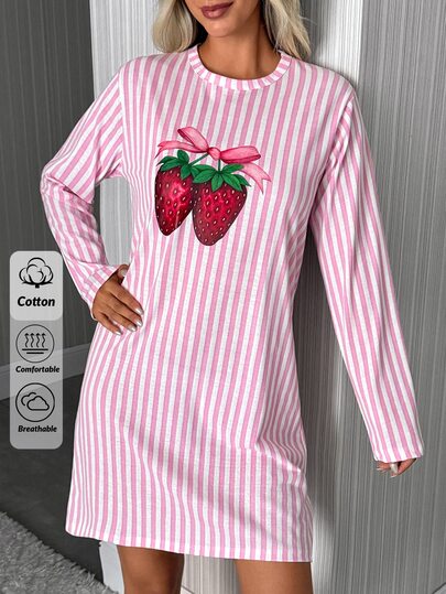 SHEIN Pink Striped With Bow & Strawberry Pattern Round Neck Long Sleeve Women Sleep Dress Nightgown